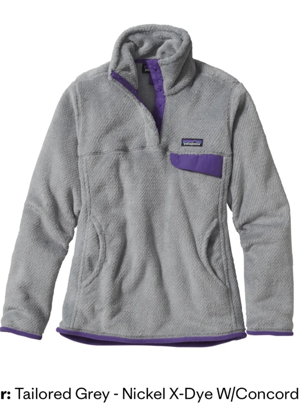 Patagonia Women’s Re-Tool Button Up Fleece in Light Gray with Purple Trim